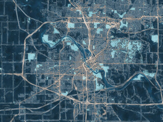 Painterly Style City Map of Cedar Rapids Iowa, USA in a Blue Color Scheme.