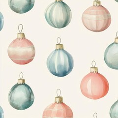 Delicate watercolor Christmas tree ornaments in soft pastel colors, arranged on a light background, minimalist style, seamless pattern,