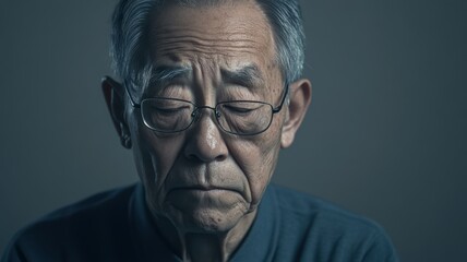 Portrait of an elderly Asian man wearing glasses, displaying deep sadness. Gray background with subtle lighting emphasizes his somber expression.