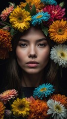 Woman with floral crown looking directly at camera, plain background, vibrant flowers