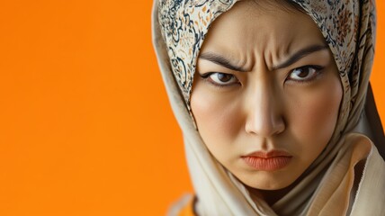 Close-up of a serious woman wearing a hijab with a furrowed brow and intense gaze, expressing determination or focus against a bright orange background.