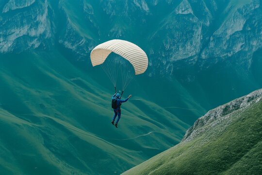 Skydiver descending with a white parachute over green mountains
