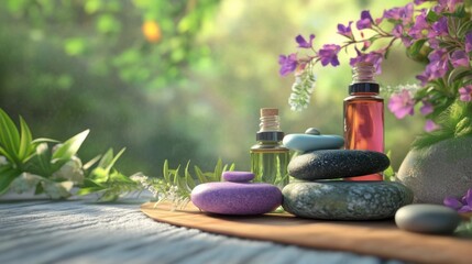 Essential oil bottles with healing stones and herbs, holistic wellness, 3D illustration,