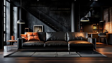 Minimalist leather sofa in a modern loft, with soft lighting and clean lines,