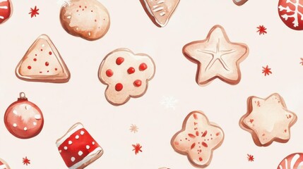 Minimalist watercolor Christmas cookies, soft brown and red tones, scattered on a light background, seamless pattern,