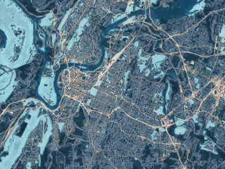 Painterly Style City Map of Chattanooga Tennessee, USA in a Blue Color Scheme.