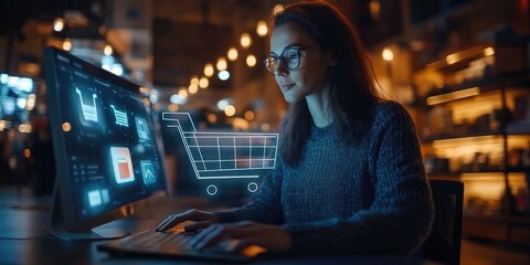 Obraz premium Young woman shopping online using computer with digital shopping cart hologram