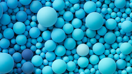 Many ocean blue bright color random soft balls background. Colorful balloons wall decoration of a children's festival. Huge pile of blue smooth gradient balls in various sizes. Vector background