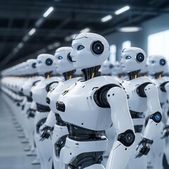 Fototapeta premium Autonomous robot fleet, synchronized movements, futuristic factory