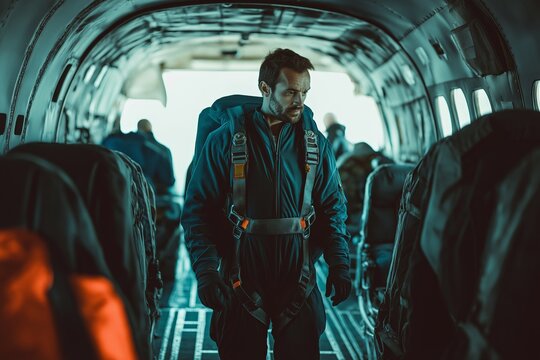 Skydivers inside an airplane preparing for the jump
