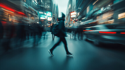 Casual Person Walking Through a Bustling City Street