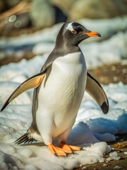 Fototapeta premium Gentoo Penguin Waddles Across Snowy Landscape