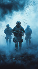 Fototapeta premium Modern Soldier in Tactical Gear Emerging from Fog, Intense Combat Scene with Cold Blue Lighting, Military Figure in Atmospheric Warfare Setting