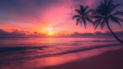 Tropical Beach Sunrise with Palm Trees and Calm Waves