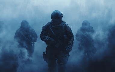 Fototapeta premium Modern Soldier in Tactical Gear Emerging from Fog, Intense Combat Scene with Cold Blue Lighting, Military Figure in Atmospheric Warfare Setting