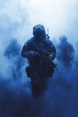 Modern Soldier in Tactical Gear Emerging from Fog, Intense Combat Scene with Cold Blue Lighting, Military Figure in Atmospheric Warfare Setting
