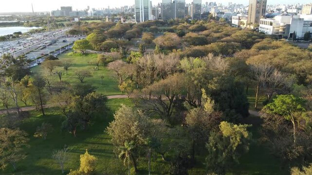 Porto Alegre waterfront historic downtown parks with skate parks people and cars aerial drone footage