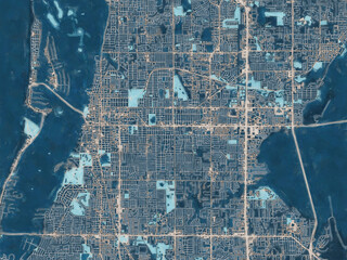 Painterly Style City Map of Clearwater Florida, USA in a Blue Color Scheme.