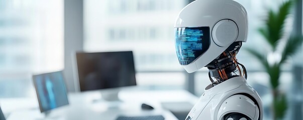 Fototapeta premium Robotic AI assistant, high-tech office, holographic display
