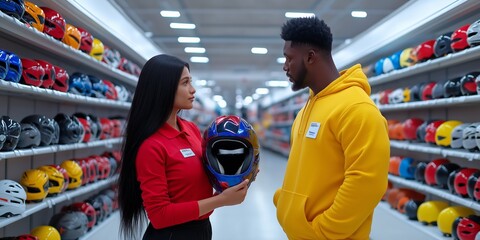 A female customer talking to a male employee while holding a helmet in a sporting goods store

