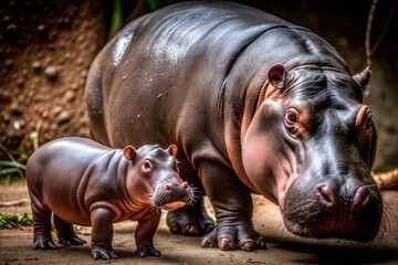 Pygmy Hippopotamus Calf with Mother