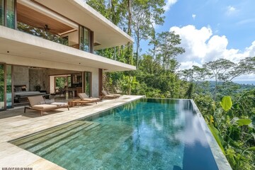 Luxurious infinity pool overlooking tropical rainforest in modern villa