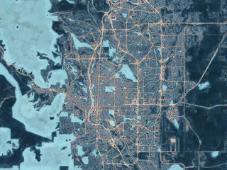 Painterly Style City Map of Colorado Springs Colorado, USA in a Blue Color Scheme.