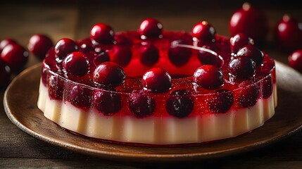 Delicious cranberry jelly ring on wooden plate with rustic decor