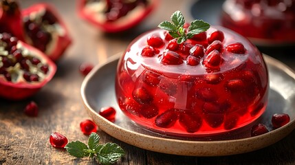 Refreshing pomegranate jelly dessert with fresh mint on a rustic plate