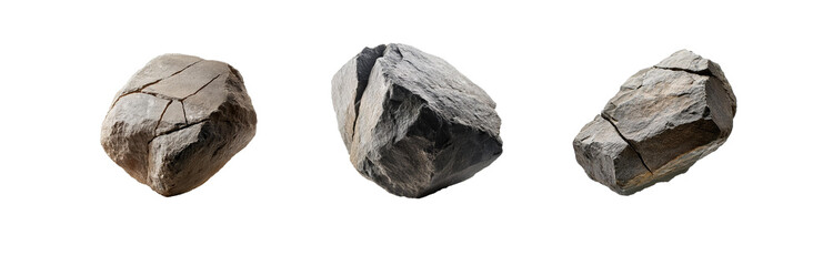 Obraz premium Three isolated, cracked grey rocks with white background.
