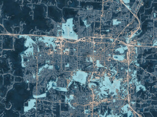Painterly Style City Map of Columbia Missouri, USA in a Blue Color Scheme.