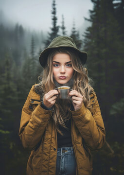 Young woman enjoying a warm soup in the forest during a peaceful rainy day