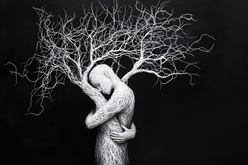 A person hugging a tree, on a dark background, in a white scribble style