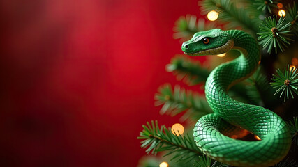 Obraz premium Green snake entwined in Christmas tree branches with festive decorations during the holiday season