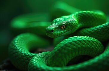 A vibrant green snake resting on a branch in a lush tropical environment during daylight hours