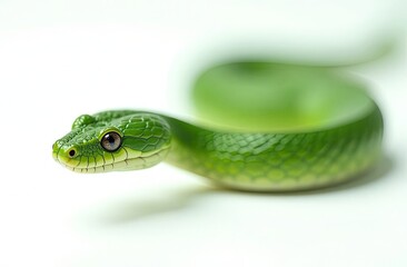 Fototapeta premium A vibrant green snake slithering over a smooth, light background in a natural habitat