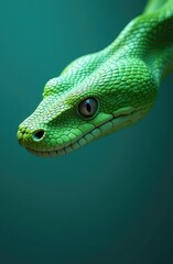 Obraz premium Close-up of a green tree snake resting against a vibrant blue background in a calm setting