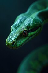 Obraz premium Green snake gracefully coiled in a dark environment showcasing its vibrant scales