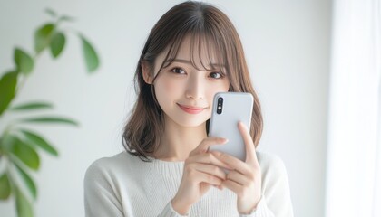 A closeup portrait of a beautiful Japanese woman holding a smartphone