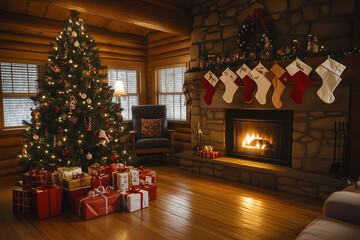 A cozy living room with a Christmas tree and presents