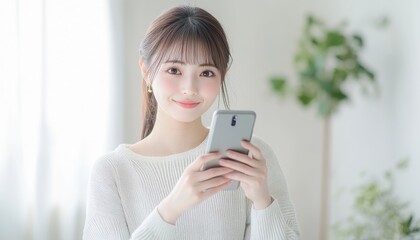 A closeup of a beautiful Asian Japanese woman using her smartphone