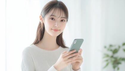 Fototapeta premium A closeup of a beautiful Japanese woman using her phone