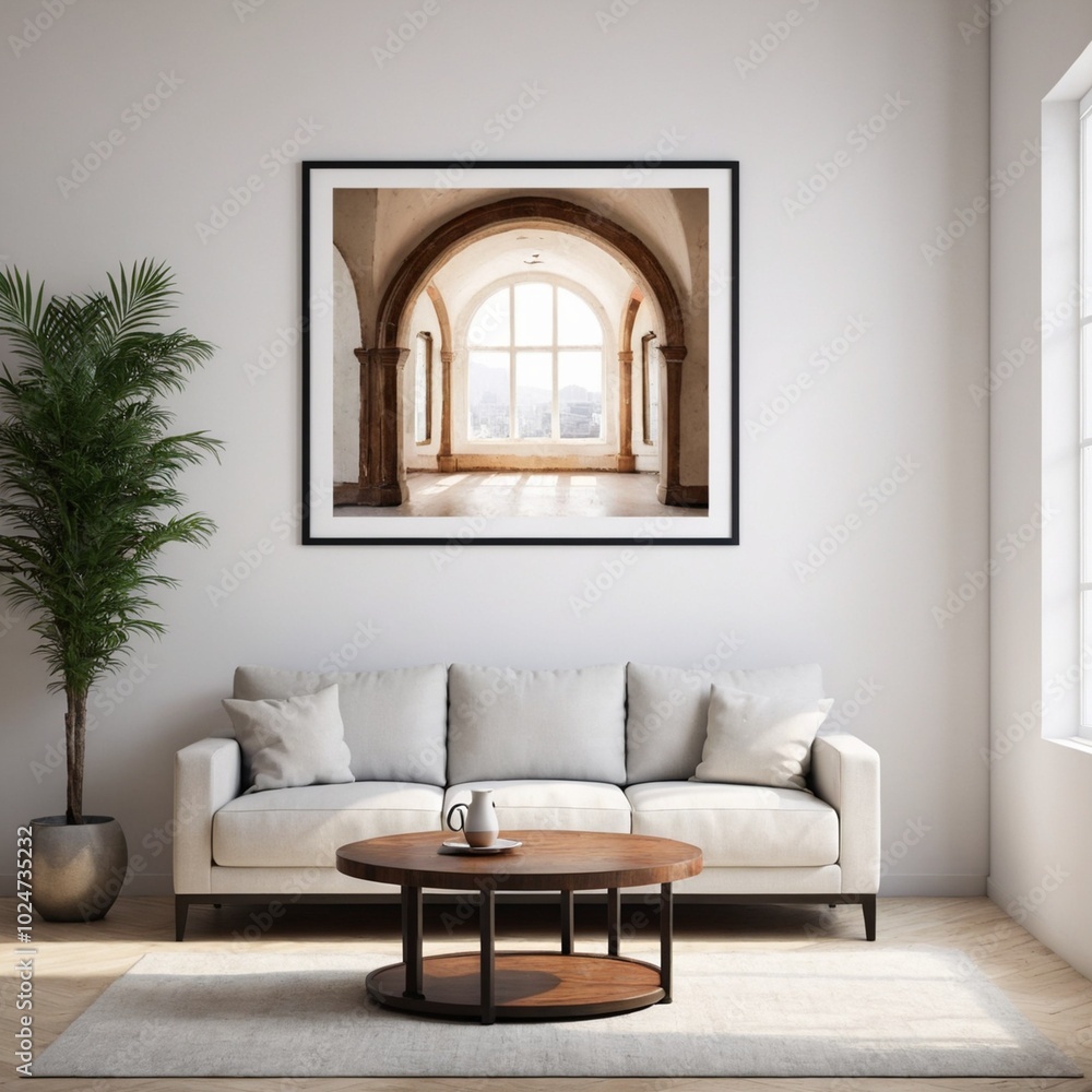 Wall mural grunge old accent coffee table near white sofa against arched window and white wall with big art pos