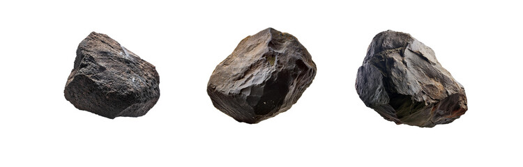 Obraz premium Three isolated, dark gray boulders with rough, textured surfaces.
