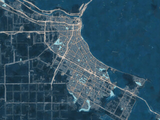 Painterly Style City Map of Corpus Christi Texas, USA in a Blue Color Scheme.