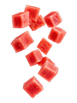 Flying falling watermelon cubes isolated on transparent or white background, png