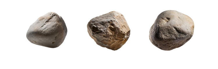 Fototapeta premium Three isolated, gray and brown rocks on a white background.