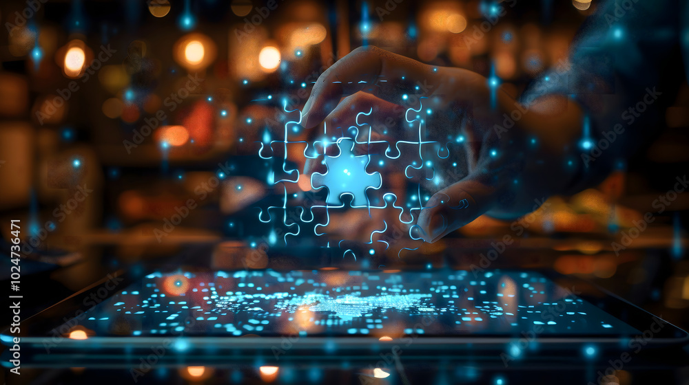 Poster person is holding tablet with holographic jigsaw puzzle icon floating above surrounded by sparkling 