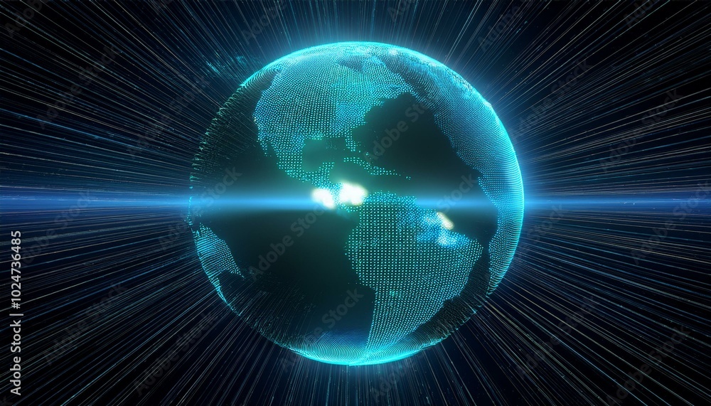 Poster globalization and communication concept earth and luminous rays 3d rendering