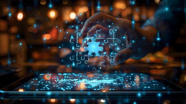 person is holding tablet with holographic jigsaw puzzle icon floating above surrounded by sparkling lights, using digital futuristic technology for solving problems and creating innovation invention - Powered by Adobe